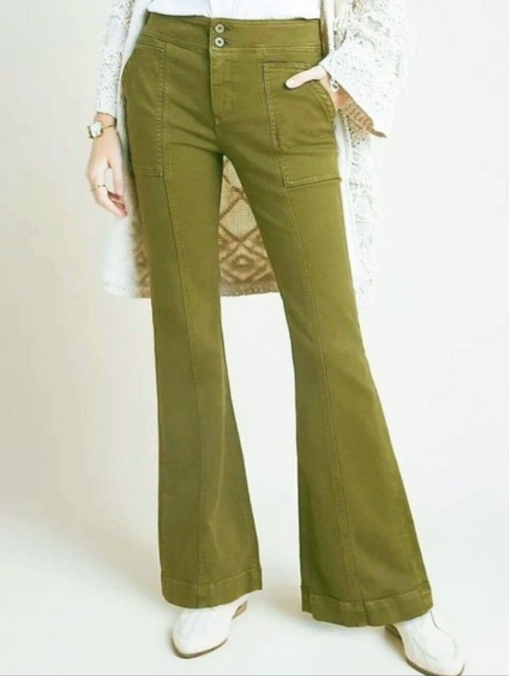 Pilcro Anthropologie Olive Green High Rise Trouser Bootcut Pants Size 27